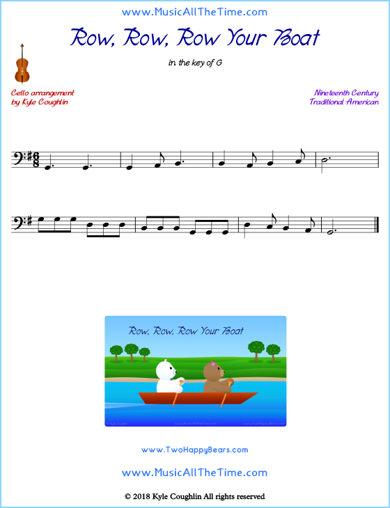 Row, Row, Row Your Boat cello sheet music, arranged to play along with other string instruments. Free printable PDF.