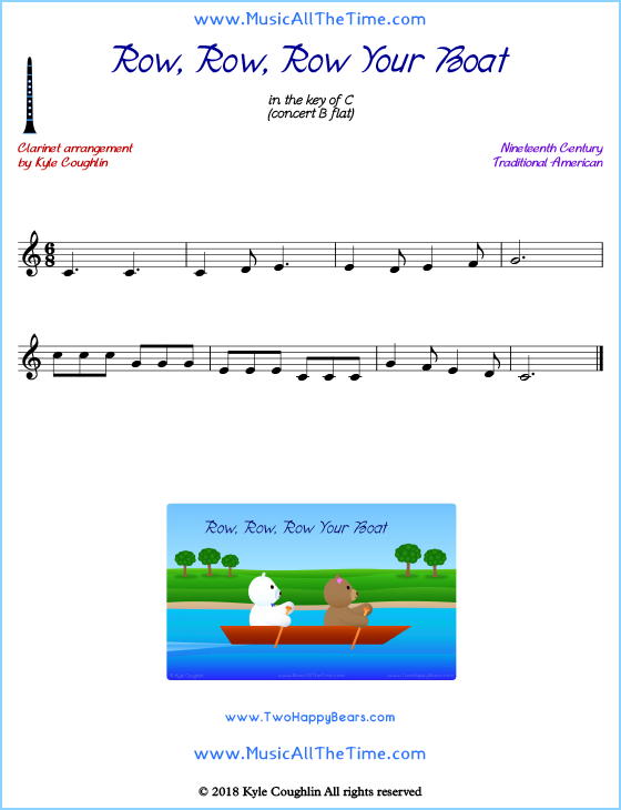 Row, Row, Row Your Boat clarinet sheet music, arranged to play along with other wind and brass instruments. Free printable PDF.