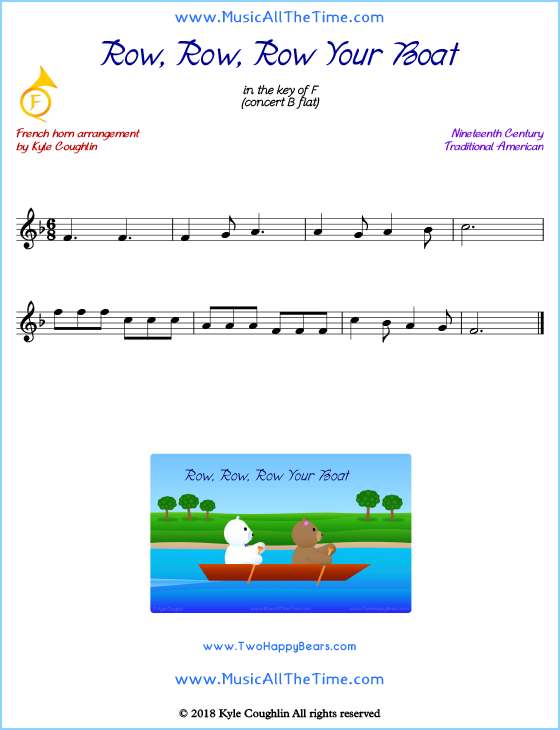 Row, Row, Row Your Boat French horn sheet music, arranged to play along with other wind and brass instruments. Free printable PDF.