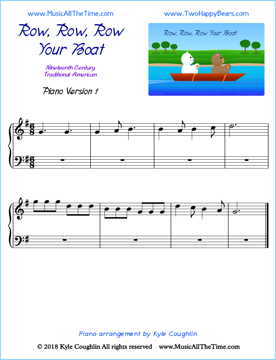 Row, Row, Row Your Boat beginner sheet music for piano. Free printable PDF.