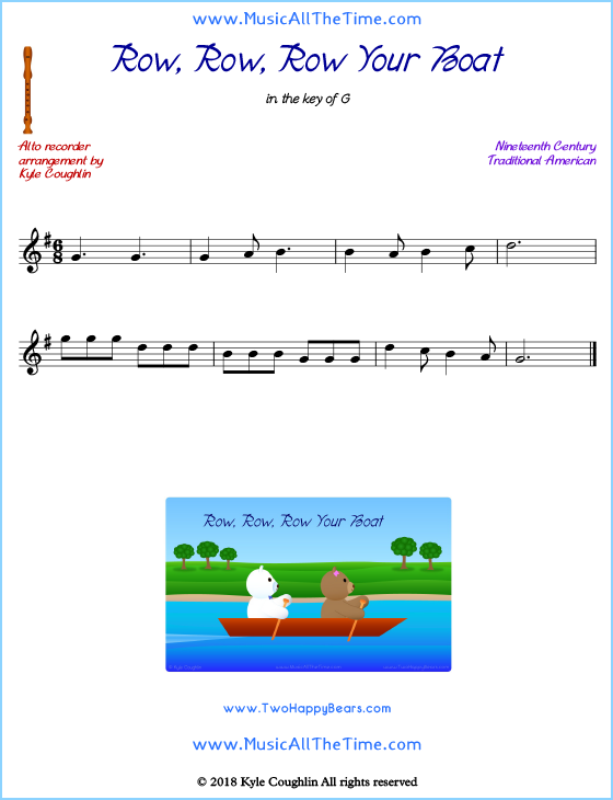 Row, Row, Row Your Boat alto recorder sheet music. Free printable PDF.