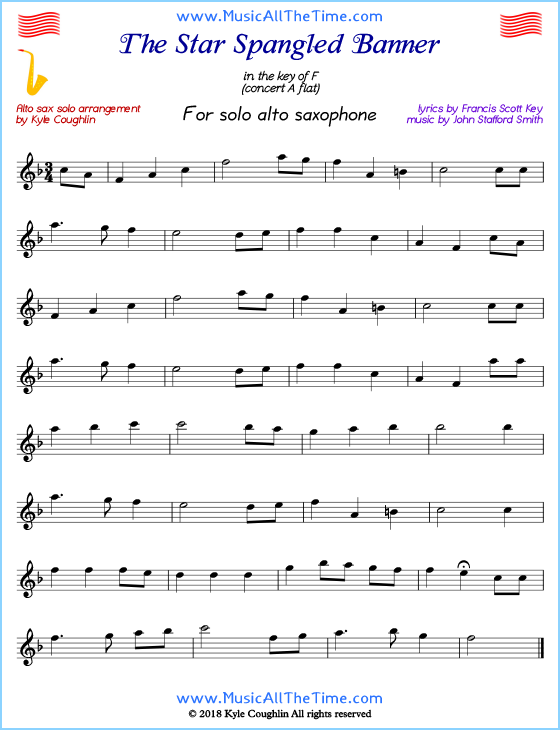 The Star Spangled Banner for solo alto saxophone. Free printable PDF.