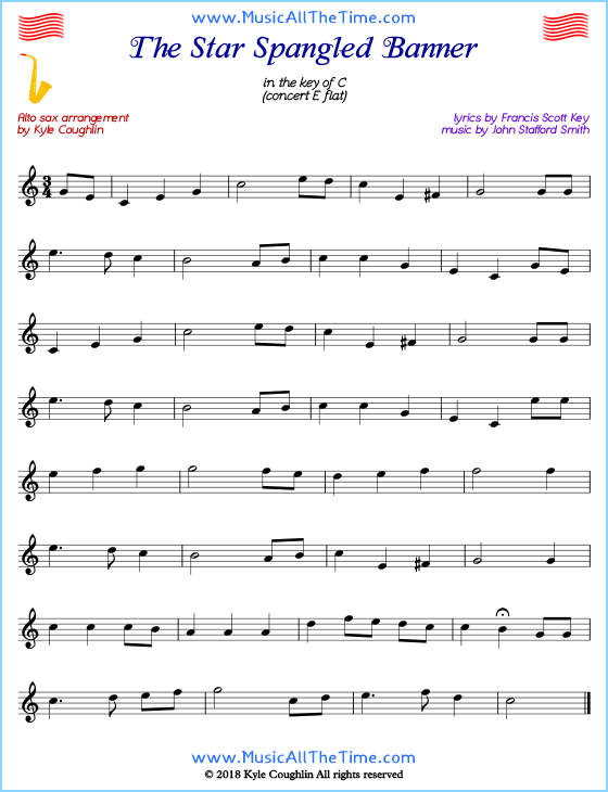 The Star Spangled Banner alto saxophone sheet music, arranged to play along with other wind and brass instruments. Free printable PDF.
