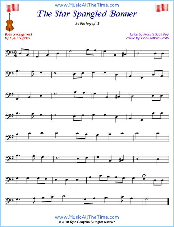 The Star Spangled Banner bass sheet music, arranged to play along with other string instruments. Free printable PDF.