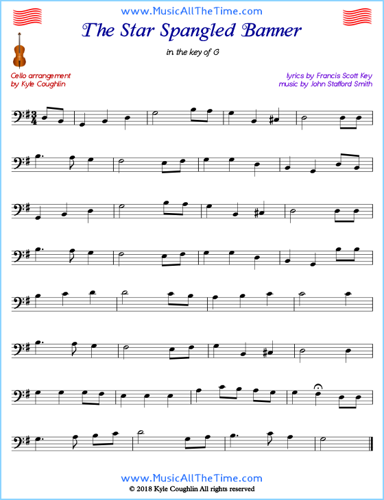 The Star Spangled Banner cello sheet music, arranged to play along with other string instruments. Free printable PDF.
