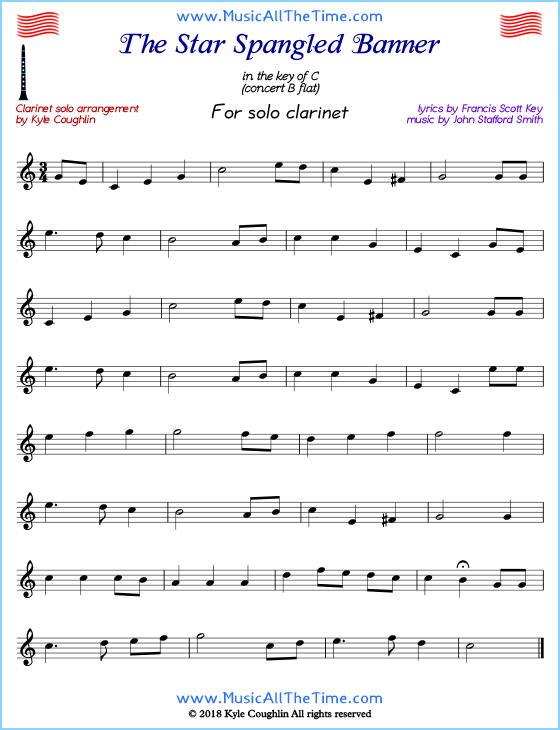 Star Spangled Banner solo clarinet sheet music. Free printable PDF.