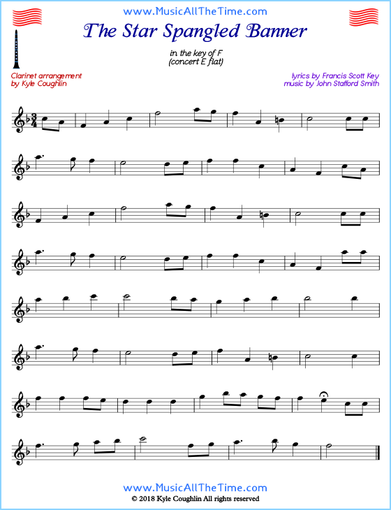 The Star Spangled Banner clarinet sheet music, arranged to play along with other wind and brass instruments. Free printable PDF.