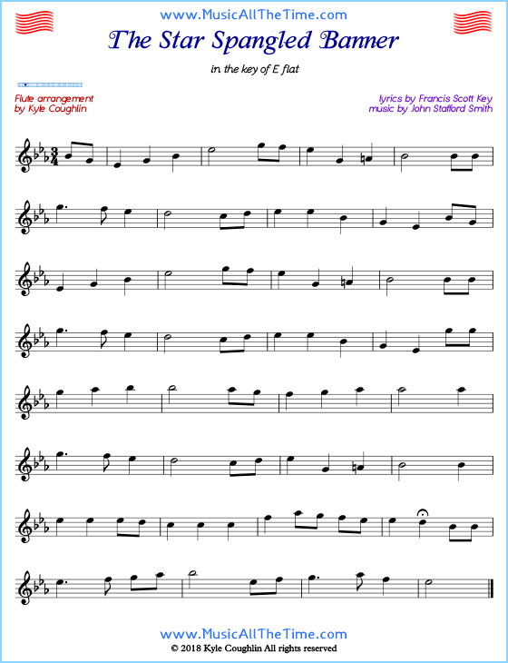 The Star Spangled Banner flute sheet music, arranged to play along with other wind and brass instruments. Free printable PDF.