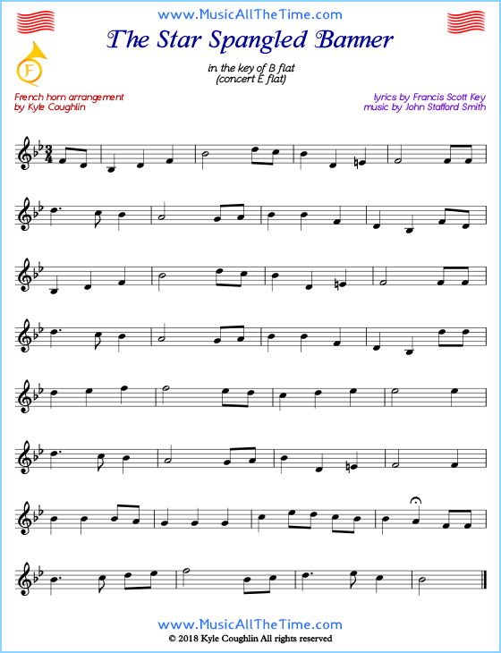 The Star Spangled Banner French horn sheet music, arranged to play along with other wind and brass instruments. Free printable PDF.