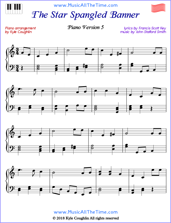 The Star Spangled Banner advanced sheet music for piano. Free printable PDF.