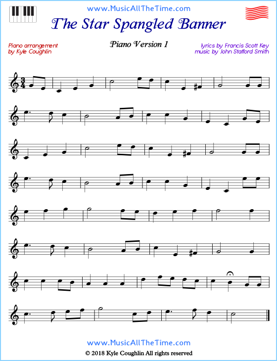 The Star Spangled Banner beginner sheet music for piano. Free printable PDF.