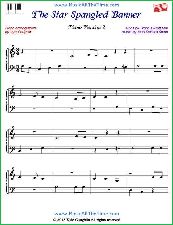 The Star Spangled Banner easy sheet music for piano. Free printable PDF.