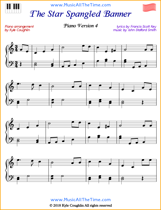 The Star Spangled Banner intermediate sheet music for piano. Free printable PDF.