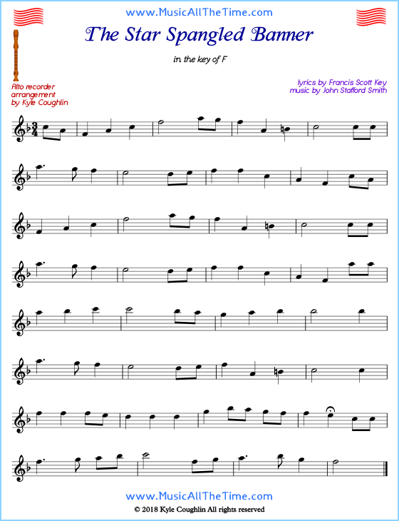 The Star Spangled Banner alto recorder sheet music. Free printable PDF.