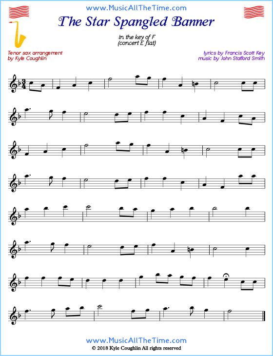 The Star Spangled Banner tenor saxophone sheet music, arranged to play along with other wind and brass instruments. Free printable PDF.