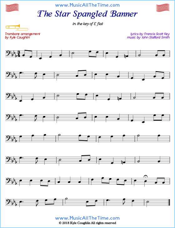 The Star Spangled Banner trombone sheet music, arranged to play along with other wind and brass instruments. Free printable PDF.