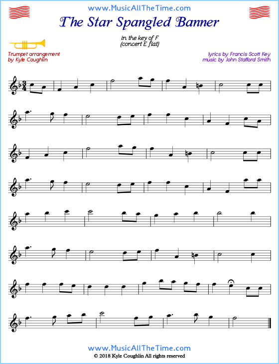 The Star Spangled Banner trumpet sheet music, arranged to play along with other wind and brass instruments. Free printable PDF.