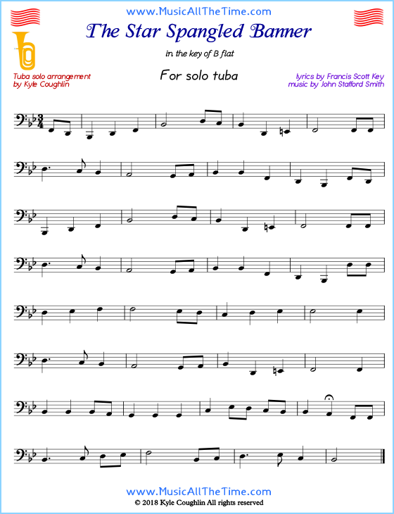 The Star Spangled Banner for solo tuba. Free printable PDF.