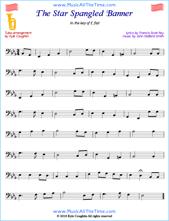The Star Spangled Banner tuba sheet music, arranged to play along with other wind and brass instruments. Free printable PDF.