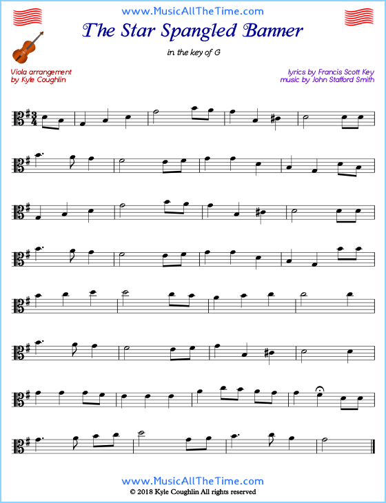 The Star Spangled Banner viola sheet music, arranged to play along with other string instruments. Free printable PDF.