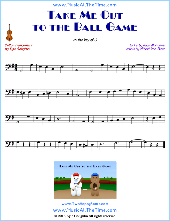 Take Me Out to the Ball Game cello sheet music, arranged to play along with other string instruments. Free printable PDF.