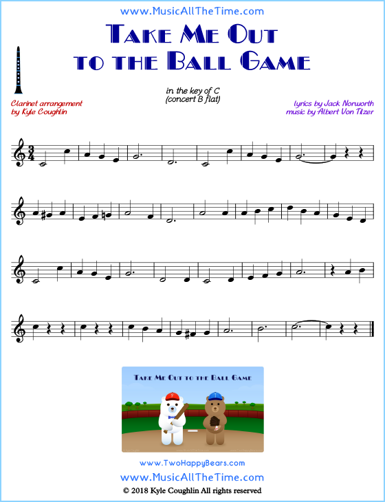 Take Me Out to the Ball Game clarinet sheet music, arranged to play along with other wind and brass instruments. Free printable PDF.