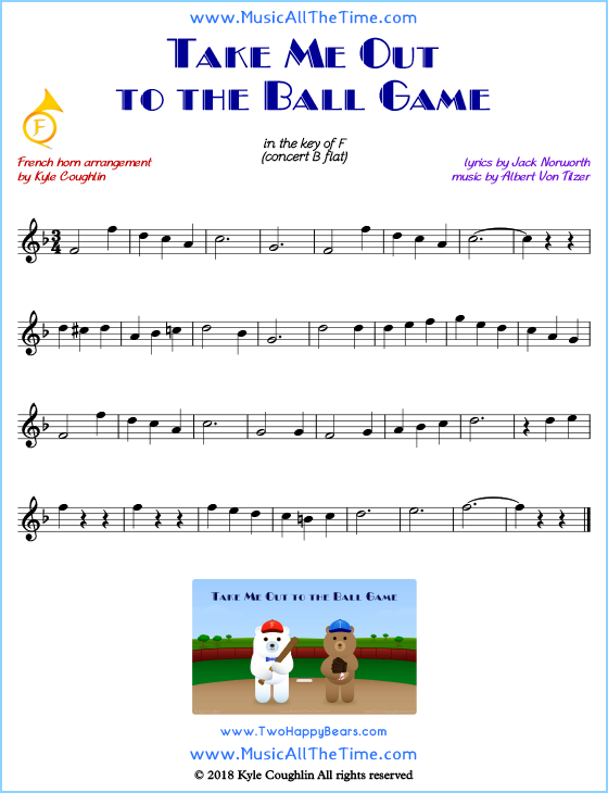 Take Me Out to the Ball Game French horn sheet music, arranged to play along with other wind and brass instruments. Free printable PDF.