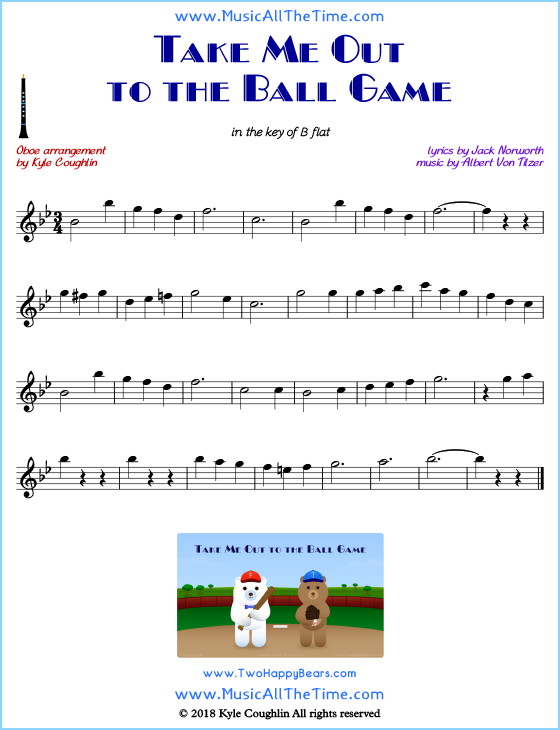 Take Me Out to the Ball Game oboe sheet music, arranged to play along with other wind and brass instruments. Free printable PDF.