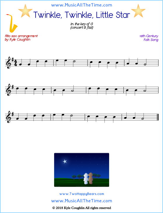Twinkle, Twinkle, Little Star alto saxophone sheet music, arranged to play along with other wind and brass instruments. Free printable PDF.