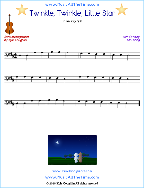 Twinkle, Twinkle, Little Star bass sheet music, arranged to play along with other string instruments. Free printable PDF.