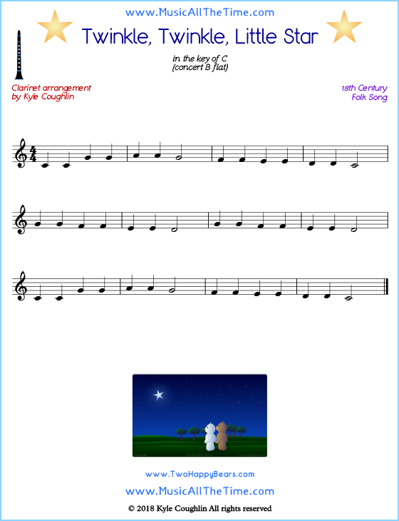 Twinkle, Twinkle, Little Star clarinet sheet music, arranged to play along with other wind and brass instruments. Free printable PDF.