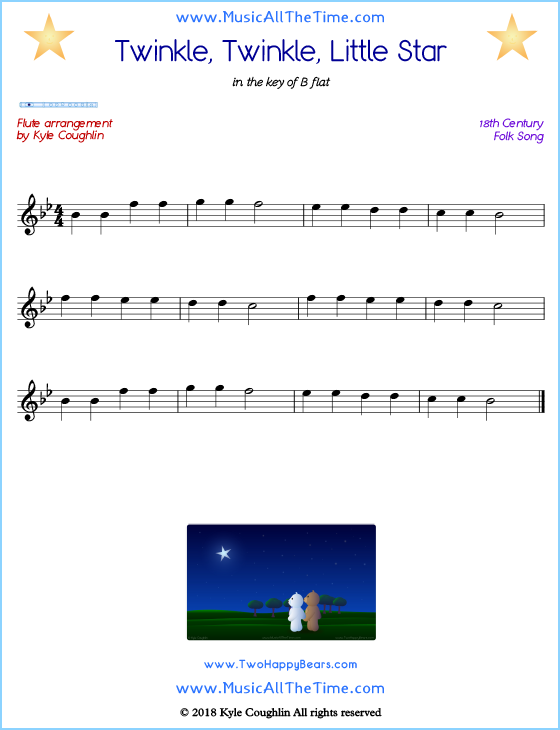 Twinkle, Twinkle, Little Star flute sheet music, arranged to play along with other wind and brass instruments. Free printable PDF.