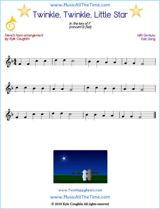 Twinkle, Twinkle, Little Star French horn sheet music, arranged to play along with other wind and brass instruments. Free printable PDF.