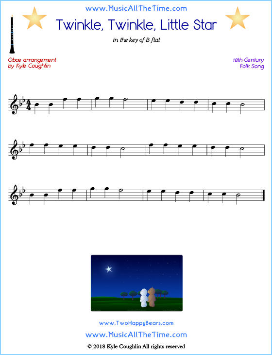 Twinkle, Twinkle, Little Star oboe sheet music, arranged to play along with other wind and brass instruments. Free printable PDF.