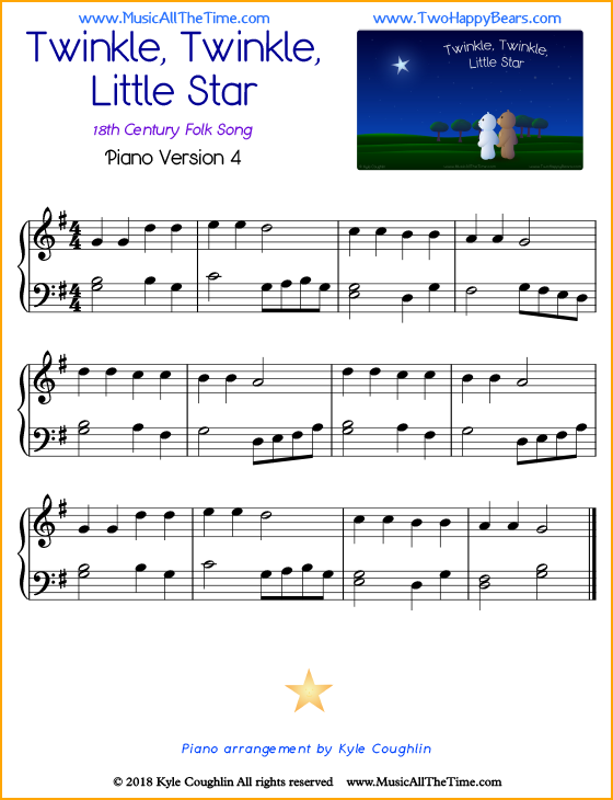 Twinkle, Twinkle, Little Star intermediate sheet music for piano. Free printable PDF.
