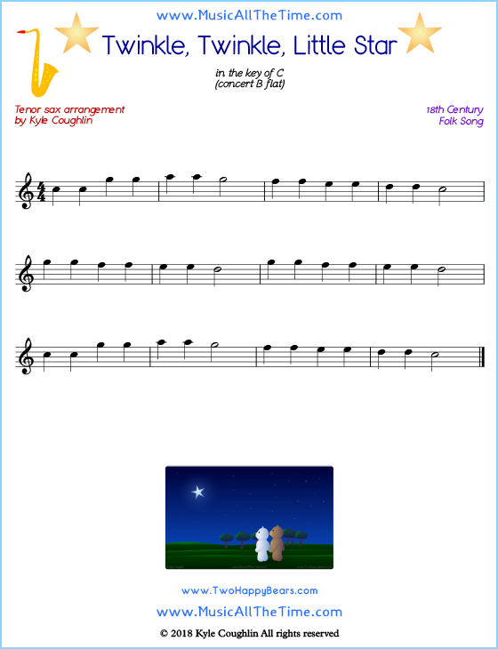 Twinkle, Twinkle, Little Star tenor saxophone sheet music, arranged to play along with other wind and brass instruments. Free printable PDF.