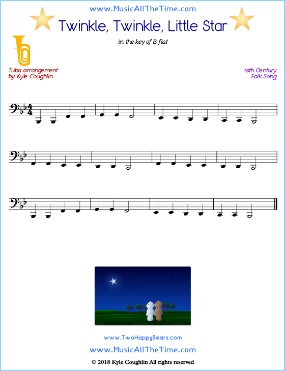 Twinkle, Twinkle, Little Star tuba sheet music, arranged to play along with other wind and brass instruments. Free printable PDF.