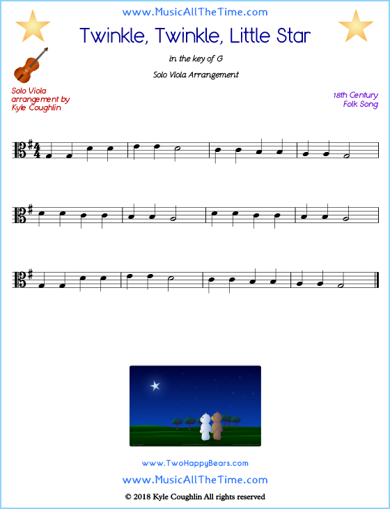 Twinkle, Twinkle, Little Star solo viola sheet music. Free printable PDF.