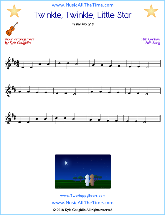 Twinkle, Twinkle, Little Star violin sheet music, arranged to play along with other string instruments. Free printable PDF.