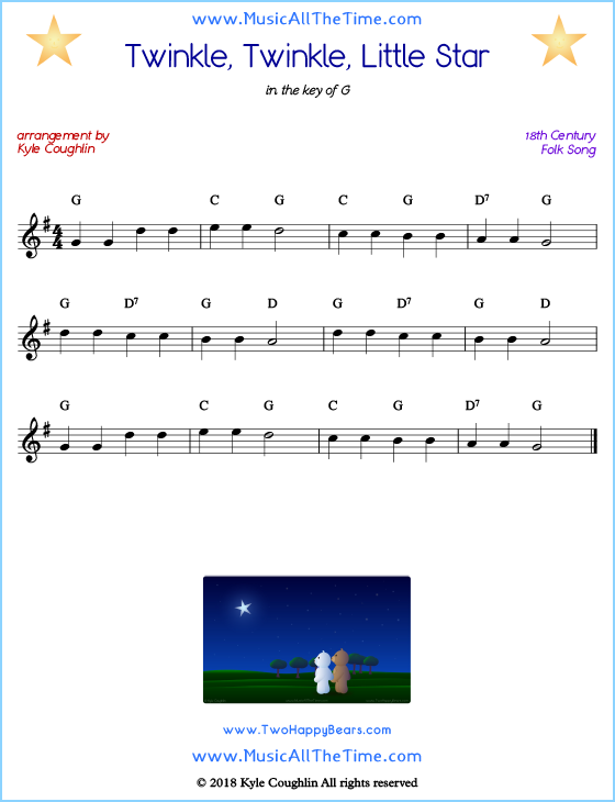 Twinkle, Twinkle, Little Star lead sheet music with chords and melody.