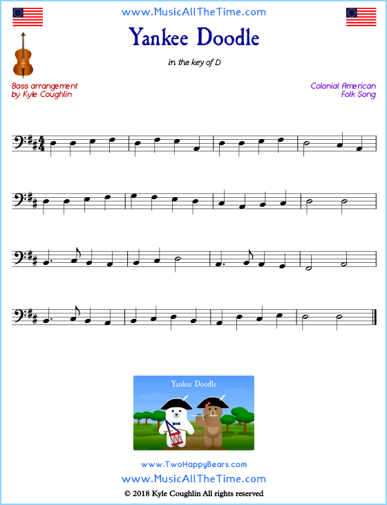 Yankee Doodle bass sheet music, arranged to play along with other string instruments. Free printable PDF.