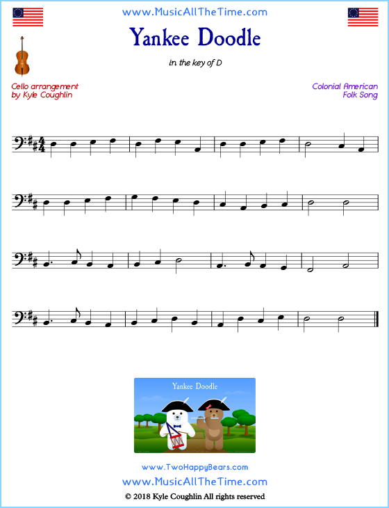 Yankee Doodle cello sheet music, arranged to play along with other string instruments. Free printable PDF.