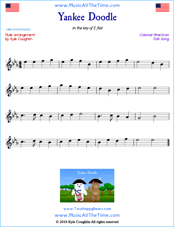 Yankee Doodle flute sheet music, arranged to play along with other wind and brass instruments. Free printable PDF.