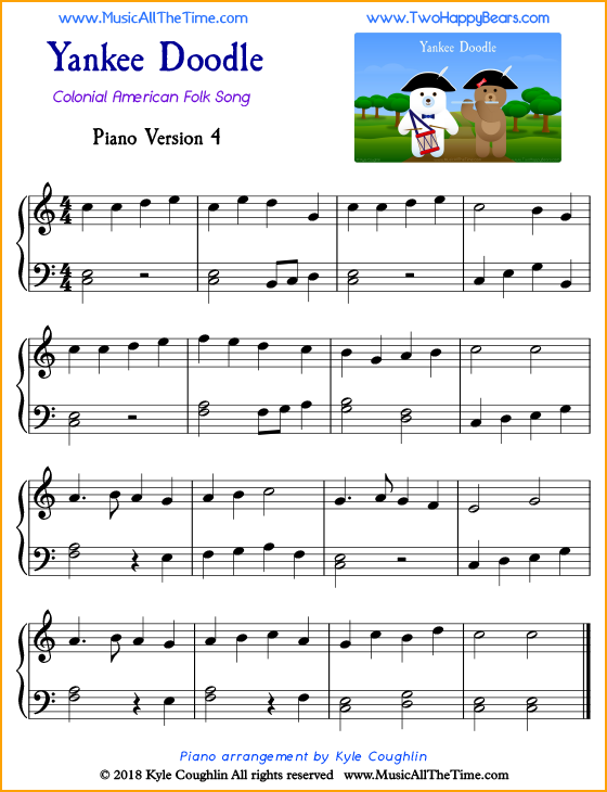 Yankee Doodle intermediate sheet music for piano. Free printable PDF.