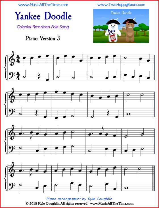 Yankee Doodle simple sheet music for piano. Free printable PDF.