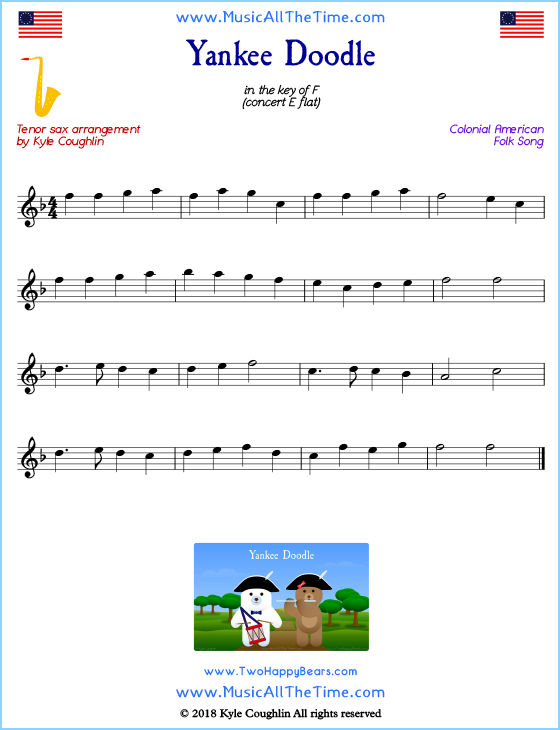 Yankee Doodle tenor saxophone sheet music, arranged to play along with other wind and brass instruments. Free printable PDF.