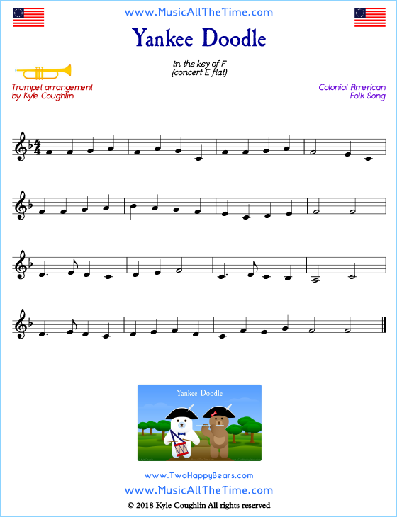 Yankee Doodle trumpet sheet music, arranged to play along with other wind and brass instruments. Free printable PDF.