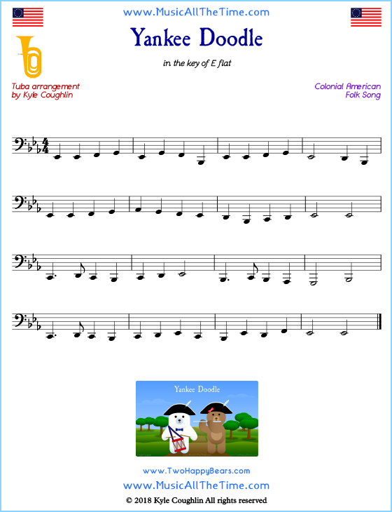 Yankee Doodle tuba sheet music, arranged to play along with other wind and brass instruments. Free printable PDF.