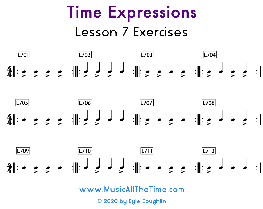 Exercises to practice playing accented notes in music.