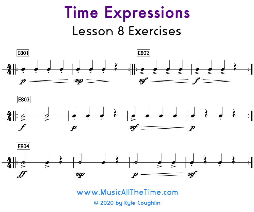Exercises to practice a variety of dynamics and articulations in music.